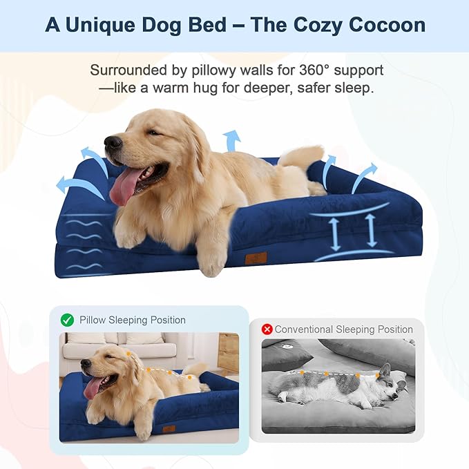 Jumbo Dog Beds for Extra Large Dogs, Waterproof Orthopedic Egg Crate Foam Dog Bed with Removable Bolster Washable Cover, Non-Slip Big Pet Couch for Extra Large Dogs, Blue