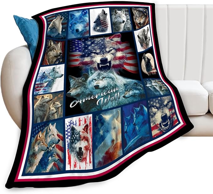 Wolf Throw Blanket American Flag Wolf Stuff Gifts for Kids Girls Boys Adults Women Men Soft Cozy Warm Plush Fluffy Fuzzy Fleece Blanket Decor 60''X80''