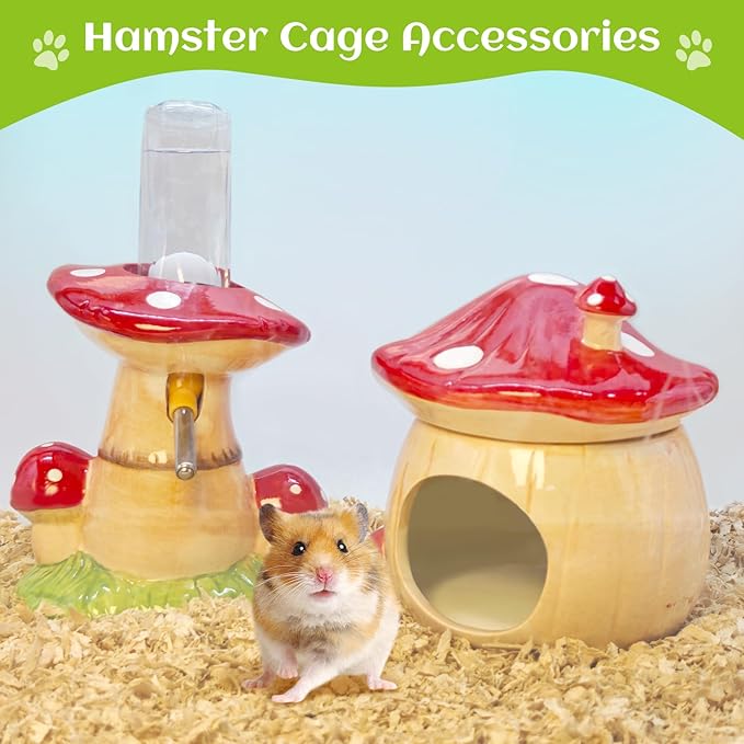 BNOSDM 3-in-1 Ceramic Hamster Hideout, Food Bowl, Water Bottle with Stand - Mushroom Shape - Red