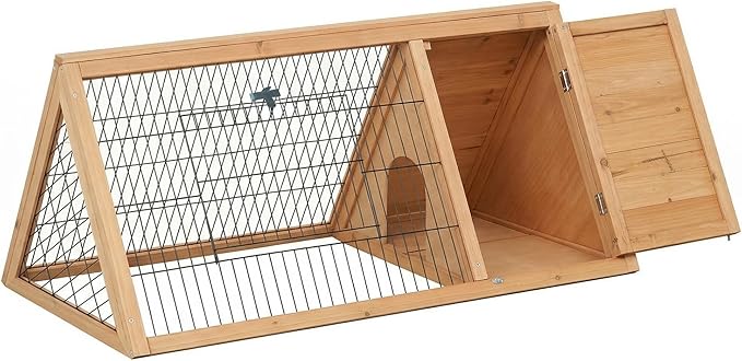 PawHut 46" x 24" Wooden A-Frame Outdoor Rabbit Hutch, Small Animal Cage, Bunny Hutch with Outside Run & Ventilating Wire, Yellow