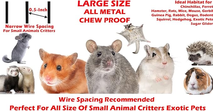 54" LARGE Wrought Iron 4-Level Chew-Proof Tight 1/2-inch Wire Spacing Ferret Squirrel Chinchilla Sugar Glider Rat Mice Rabbit Hamster Critter Home Cage Easy Clean Pull Out Tray Removable Rolling Stand