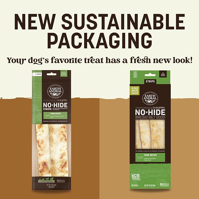 Earth Animal No Hide Strips - Natural Rawhide Free Dog Chew Strips, Pork - 10 Count Value Pack