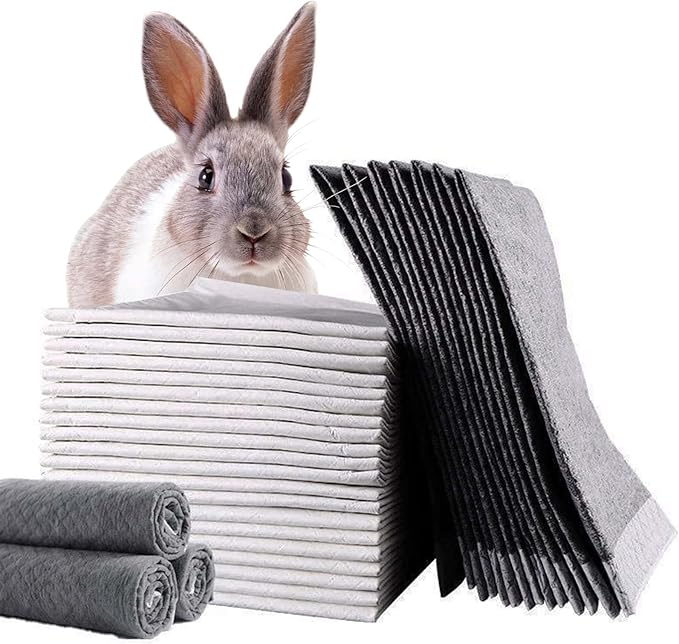 Tfwadmx 50 Pcs Rabbit Pee Pads Guinea Pig Super Absorbent Cage Liners Bunny Disposable Black Carbon Diapers Small Animal Training Accessories with Quick-Dry Surface for Chinchilla Ferret Hamster