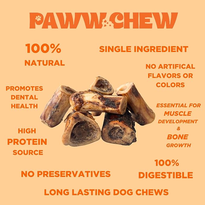 PAWW CHEW 100% Natural Dog Bones, Single Ingredient (6 Pack) Marrow Filled Bone for Dogs, Made in The USA, Beef Bone Marrow for Aggressive Chewers, Real Meaty Dog Bones for Large, Medium, Small Dogs