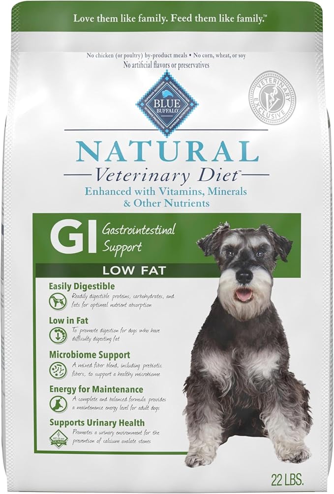 Blue Buffalo Natural Veterinary Diet GI Low Fat Gastrointestinal Support Dry Dog Food, Veterinarian's Prescription Required, Whitefish, 22 lb Bag