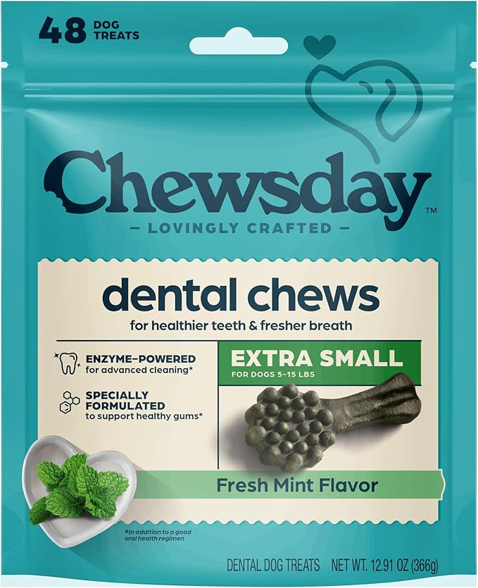 Chewsday Fresh Mint Flavor Dental Chews, Extra Small Dog Treats, 48 Count