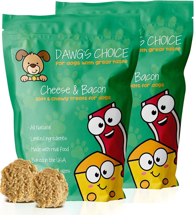 DAWG'S CHOICE Soft & Chewy Dog Treats, Cheese & Bacon Snacks for Dogs, Dog Treats Made in USA, Human Grade, All-Natural Ingredients, High Value Training Treats, for Small, Medium & Large Dogs