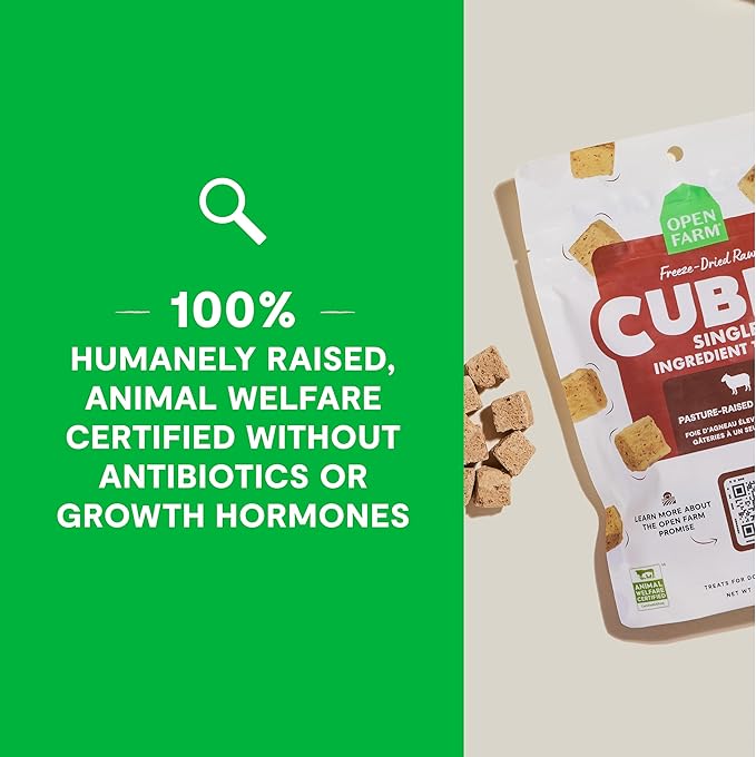 Open Farm Cubes, Freeze-Dried Raw, Single Ingredient Dog Treats, Lamb Liver, 3oz Pouch