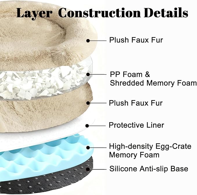 Calming Dog Bed for Small Medium Dogs, Anti-Anxiety Donut Washable Puppy Bed Orthopedic Cushion, Soft Fluffy Faux Fur Plush Warming Cozy Cat Bed, Fits up to 25 lbs Pets (Round, Beige 23")