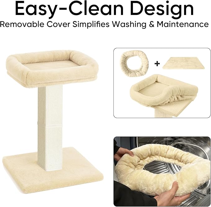 AGYM Cat Scratching Post, 32”Cat Scratcher with Large Plush Perch, Sisal & Carpet Scratching Post, Vertical Posts with Elevated Bed for Indoor Cats, Removable& Washable Cover, Beige