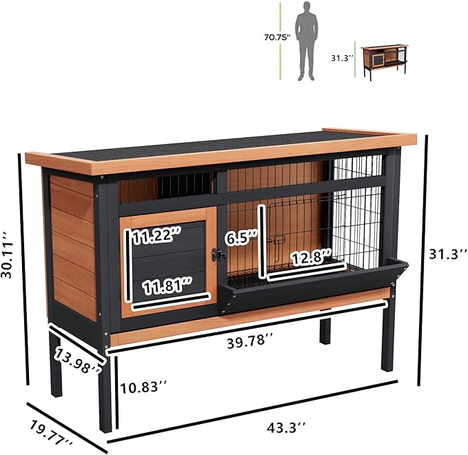Wooden Rabbit Hutch Elevated Bunny Cage Indoor Outdoor, 43.3" Small Animal House with No Leak Tray Feeding Trough and Openable Asphalt Roof for Guinea Pigs Quails Ducks & Hedgehogs (Brown)