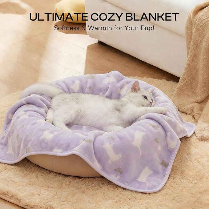 Luciphia 1 Pack 3 Dog Printed Fleece Pet Blankets Washable，Soft Warm Throw Covers for Crate Couch Bed，Cozy Puppy Essentials for Dogs and Cats，Purple/Grey/Khaki, Large (41x31 inch)