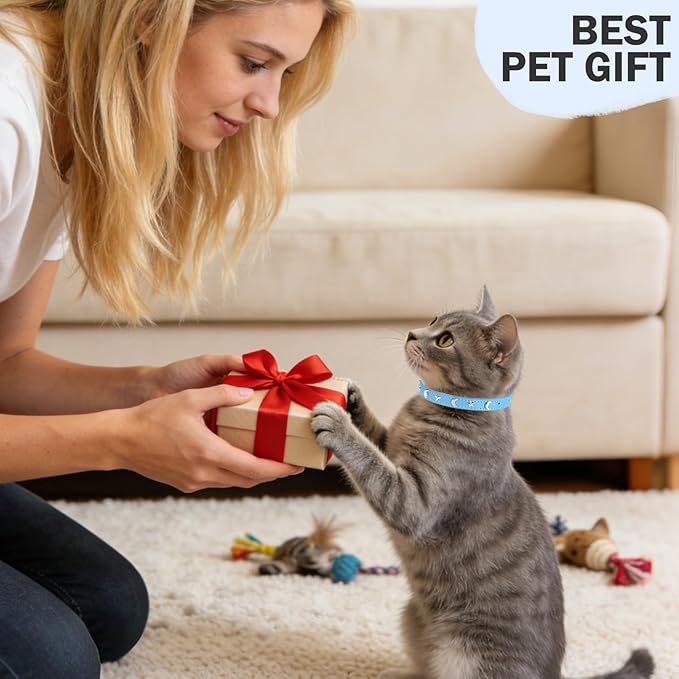 Leather Cat Collars for Boy Girl Cats with Bell and Safety Elastic Belt, Personalized Star and Moon Stud Adjustable Safe Buckle Collar for Kitty Small Big Cats Size 7-9 Inch, Light Blue