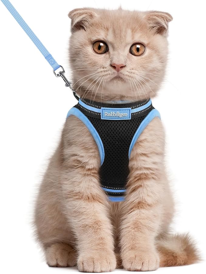 rabbitgoo Cat Harness and Leash Set for Walking Escape Proof, Adjustable Soft Kittens Vest with Reflective Strip for Cats, Comfortable Outdoor Vest, Black & Light Blue, L