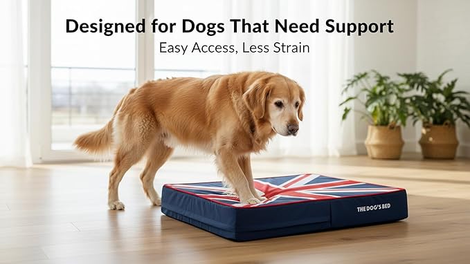 The Dog’s Bed Orthopedic Memory Foam Dog Bed for Large Dogs, Waterproof Washable Cover, Anti-Slip Base, Calming Surface – CertiPUR-Certified Foam, Blue & Red Trim UK Center Flag, 6 Inch Thick