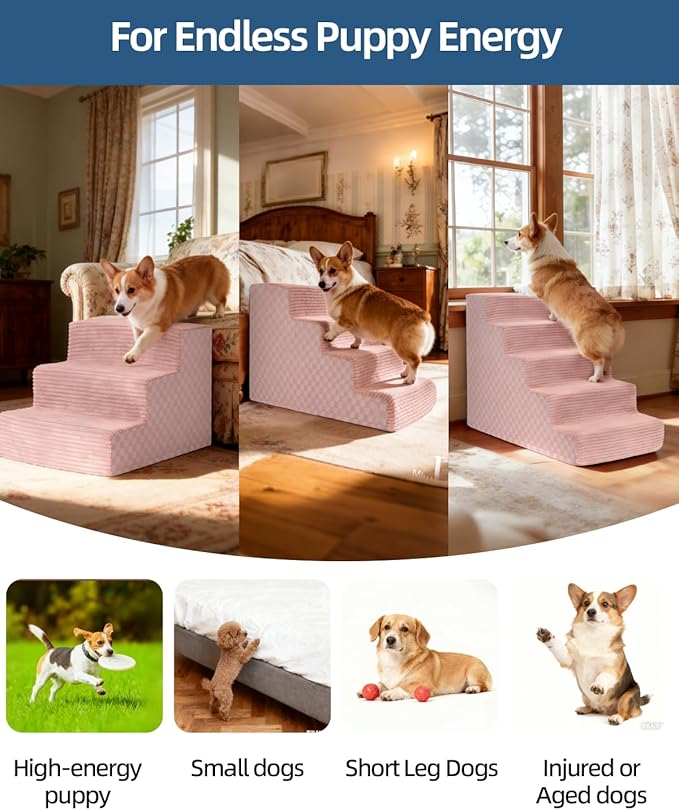 Vfrog Dog Stairs for Small Dogs,17.5" H,4-Step Dog Steps Ramp for Bed and Couch with High Density Foam,Non-Slip Pet Steps for Dogs and Cats,Pet Stairs with a Washable Cover,Pink
