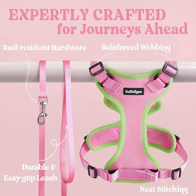 rabbitgoo Cat Harness and Leash for Walking, Escape Proof Soft Adjustable Vest Harnesses for Cats, Easy Control Breathable Reflective Strips Jacket, Pink&Light Green, XS