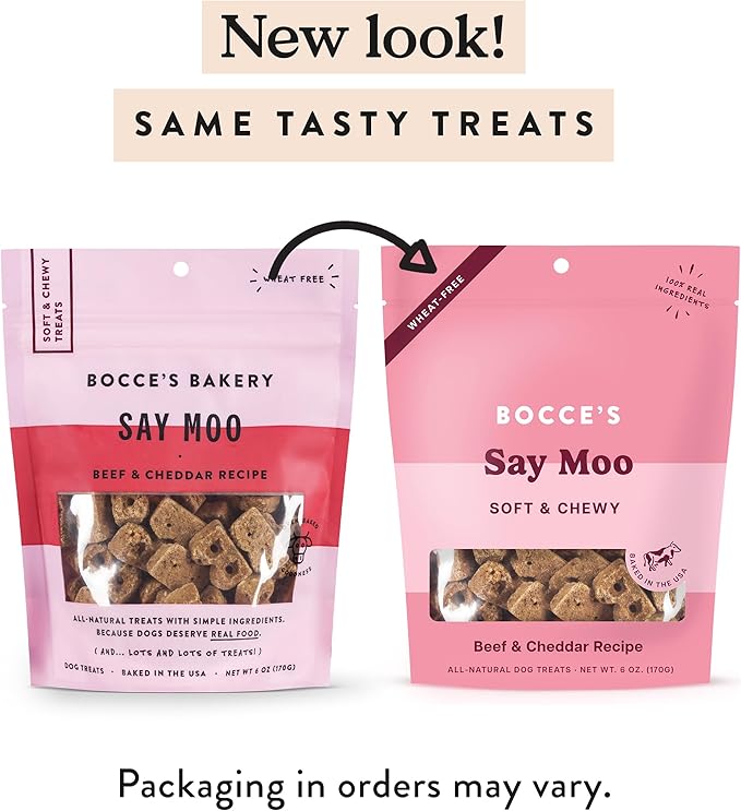Bocce's Bakery Oven Baked Say Moo Treats for Dogs, Wheat-Free Everyday Dog Treats, Made with Real Ingredients, Baked in The USA, Natural Soft & Chewy Cookies, Beef & Cheddar Recipe, 6 oz