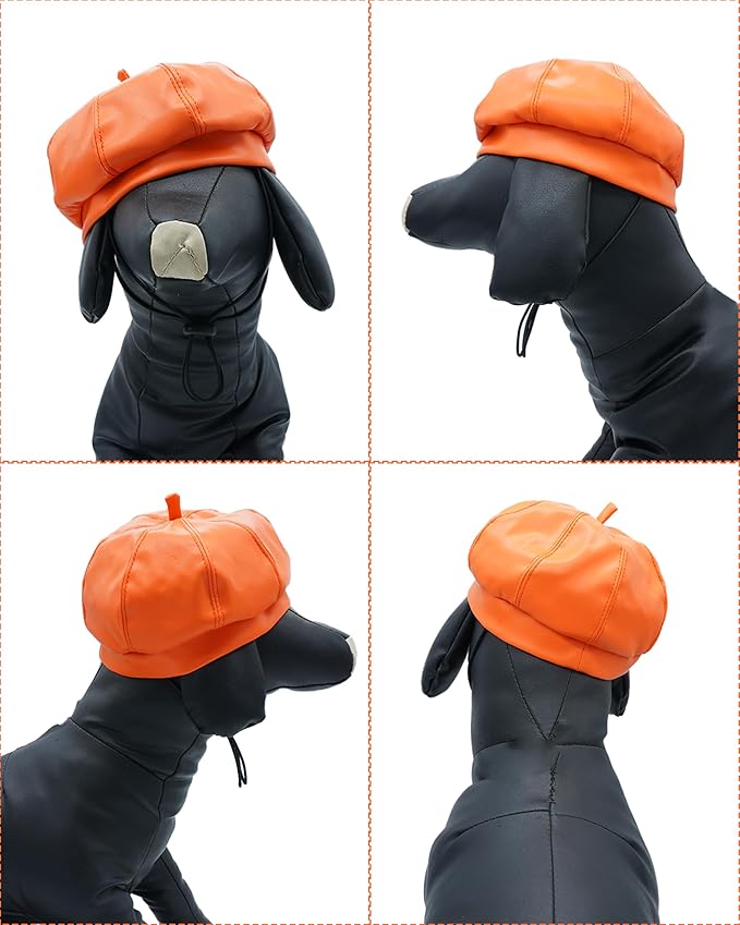 PET SHOW Dog Beret Hat for Small Dogs Cats Party Holiday Headband Cap French Leather Berets with Adjustable Chin Strap Cute Fashion Puppy Hats Pets Costumes Accessories(Orange,S)