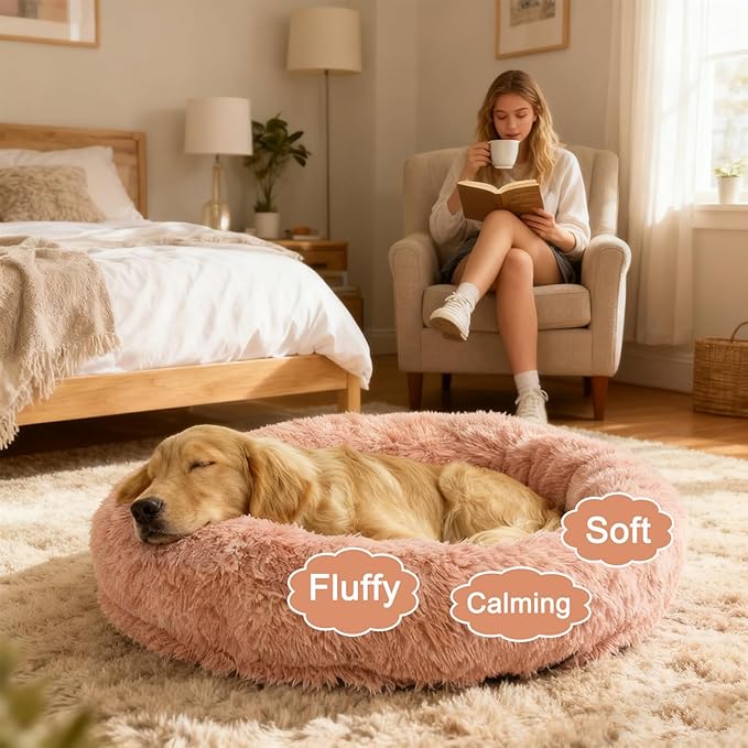 Calming Cute Dog Beds for Medium Dogs, Orthopedic Cushion Anti-Anxiety Donut Cuddler Bed, Soft Fluffy Faux Fur Plush Warming Cozy Removable Cover, Fits up to 35 lbs Pets (Round, Blush 28")