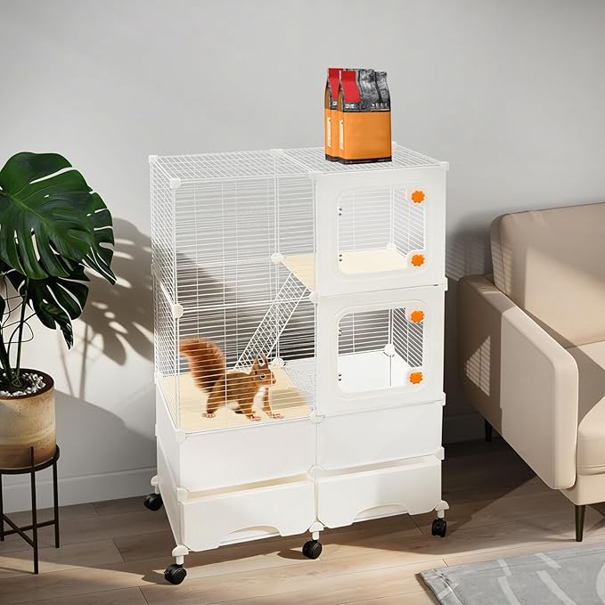 Small Animal Cage, Guinea Pig Cages with Rolling, Durable Front Doors, Chinchilla Cage with Scoop for Rat, Hamster, Guinea Pig, Squirrel (White, 45.3in)
