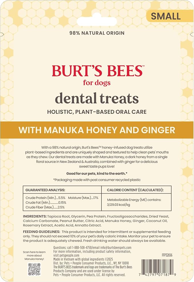 BURT'S BEES FOR PETS Dental Treats for Dogs with Manuka Honey & Ginger, Holistic, Plant-Based Oral Care, 98% Natural Origin Formulas, Peanut Butter Flavor, Dog Treats Small Dogs, Sz Small 10ct, 7 oz
