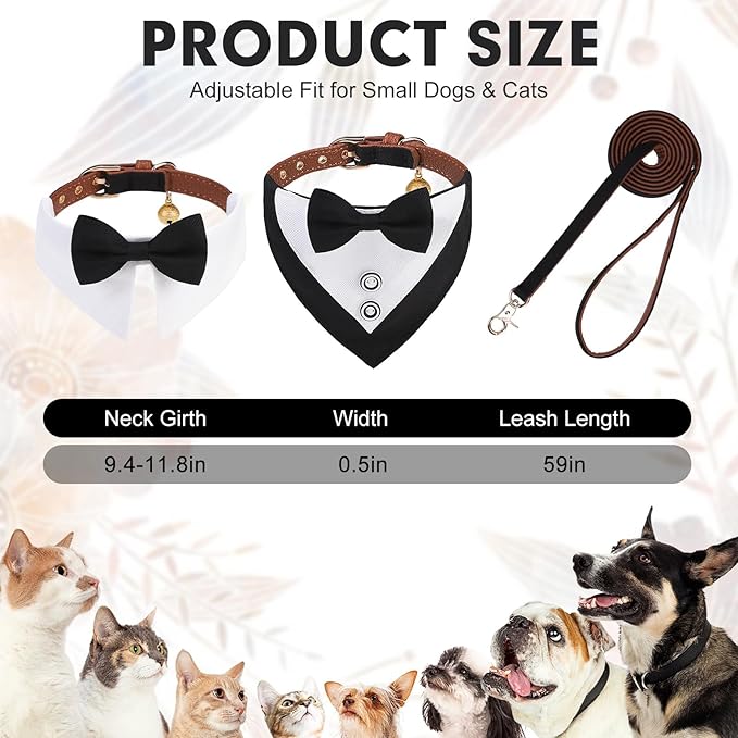 BINGPET Puppy Collar and Leash Set for Small Dogs, Dog Tuxedo Suit Wedding Bandana Collar with Bow Tie & Bell for Boy Dogs, Adjustable Formal Dog Tux Engagement Birthday Tuxedo, Black S