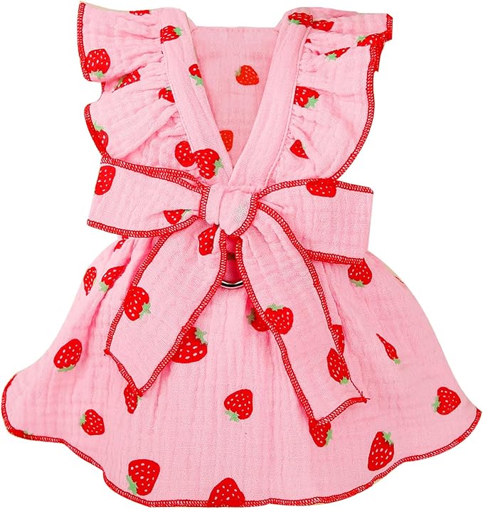 Dog Dresses for Small Dogs Girl Female Clothes Cat Clothes Cat Dress Cute Cotton Extra Summer Bow Decor Printed Strawberry Dog Birthday Outfit Small Puppy Clothes Pink L