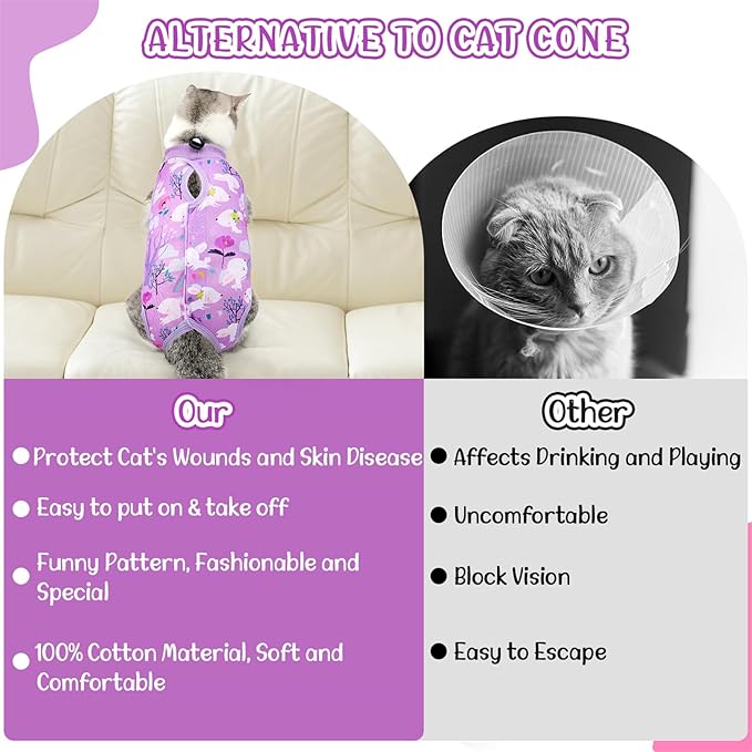 SlowTon Cat Recovery Suit - Cat Onesie for Cats After Surgery Female Male, Kitten Clothes Cats Surgical Spay Suit Abdominal Wounds, E-Collar Alternative Bodysuit Shirt Anti-Licking (Purple, L)