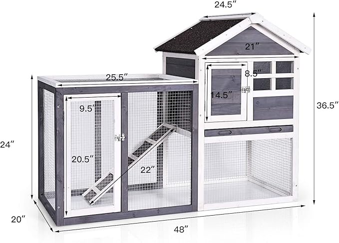 Tangkula Rabbit Hutch, Indoor Outdoor Bunny Cage with Run, Wooden Rabbit Cage with Waterproof Roof & Pull Out Tray, Chicken Coop Pet House for Rabbits, Chicken and Guinea Pigs (Gray)