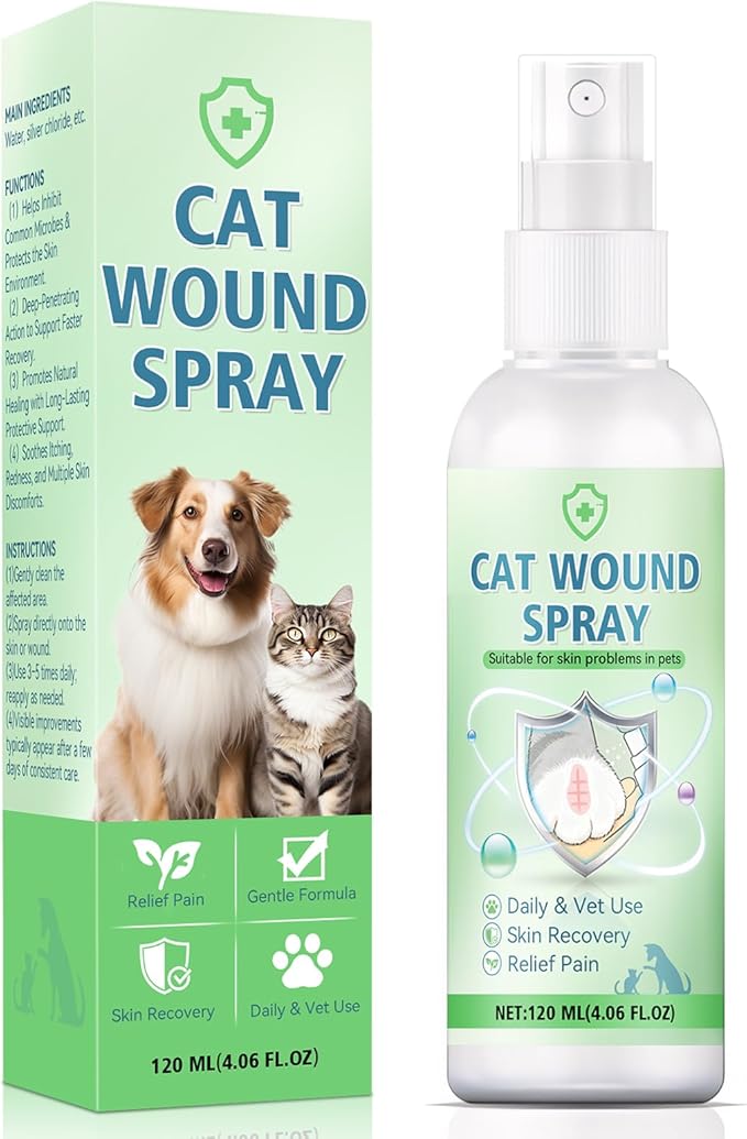 Cat Wound Care Spray, Pet Wound Care Formula for Scratching Irritation Bites Burns Redness, Supports Skin Comfort and Recovery for Kittens, Adult Cats, Pets, 120ml
