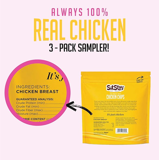 sitstay Chicken Chips Dog Treats - Travel Packs, Single Ingredient Dog Treat, Chicken Chips for Dogs for Training, Rewards and Sensitive Stomachs - Made in USA - 3 Bags - 5 Chips Each