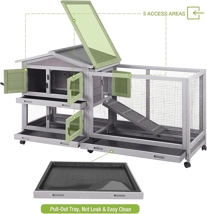 GUTINNEEN Large Rabbit Hutch Indoor Bunny Cage Outdoor with Chew-Proof Ramp 2-Story Mobile Guinea Pig Cages with 3 Pull-Out Trays