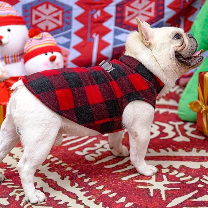 BEAUTYZOO Small Dog Sweater Fleece Vest Winter Jacket, D-Ring Leash Attachment for XS S Puppy Medium Sized Breeds Dogs, Cold Weather Dog Clothes Windproof Keep Warm, Christmas Red Plaid L