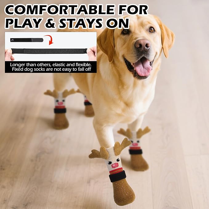 EXPAWLORER Christmas Anti Slip Dog Socks to Prevent Licking Paws, Boots & Paw Protectors with Grippers,Doggie Booties for Hardwood Floors for Small Medium Large Senior Dogs Lifelike Costume Reindeer M