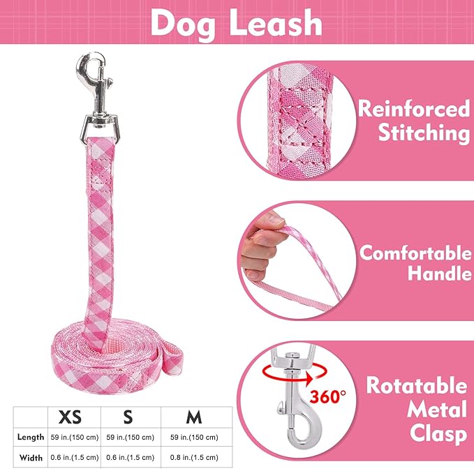 EXPAWLORER Cute Dog Harness Collar Leash Set - Pink Girl Dog Harness Checkered Step-in Design, Detachable Bow Pet Collar, Adjustable No-Choke Lightweight Mesh Vest for Cats Puppy Small Dogs, S