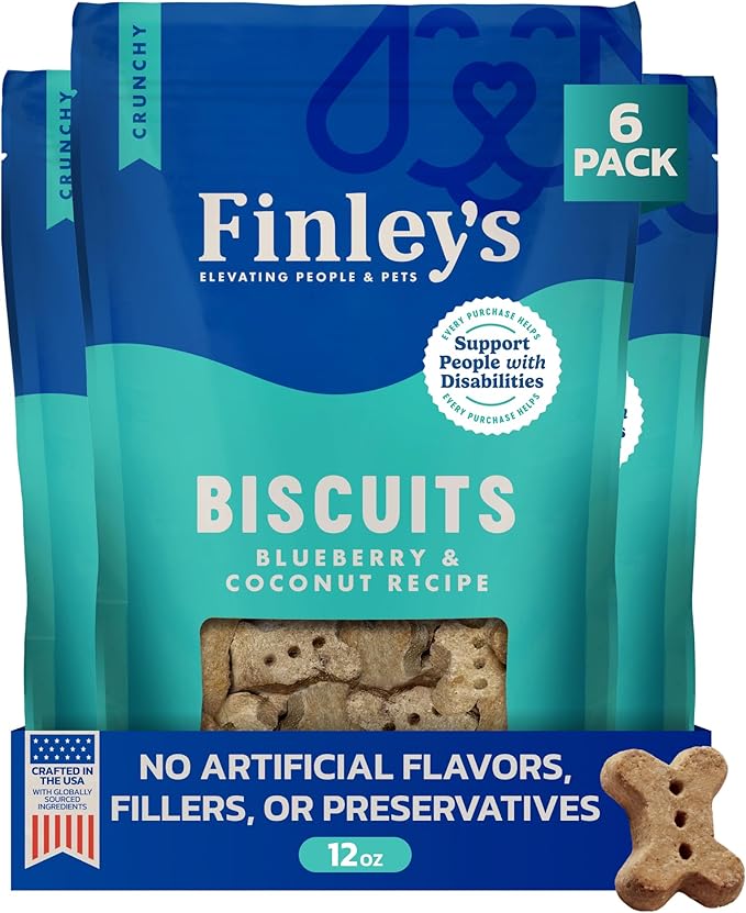 Finley's Crunchy Dog Biscuits, Blueberry and Coconut, Plant-Based Healthy Treats, Oven Baked Dog Cookies, 12oz, 6 Pack