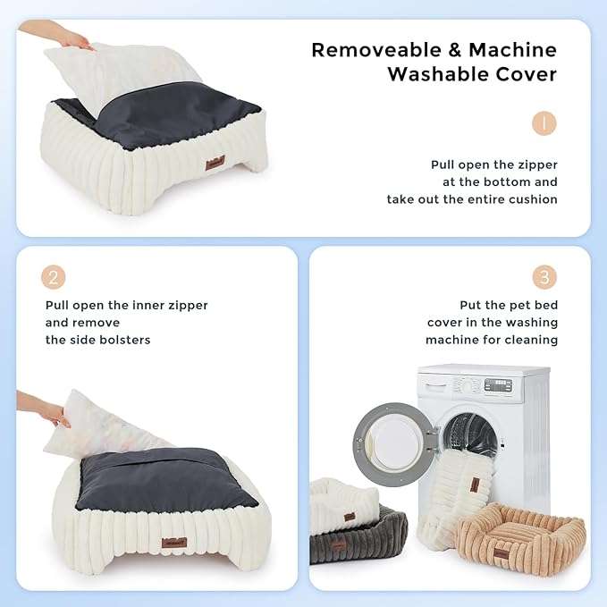 Large Cat Beds - Orthopedic Dog Bed for Medium Dogs, Rectangle Pet Bed with Fluffy Removable Washable Cover, 25x21x9inches, Cream