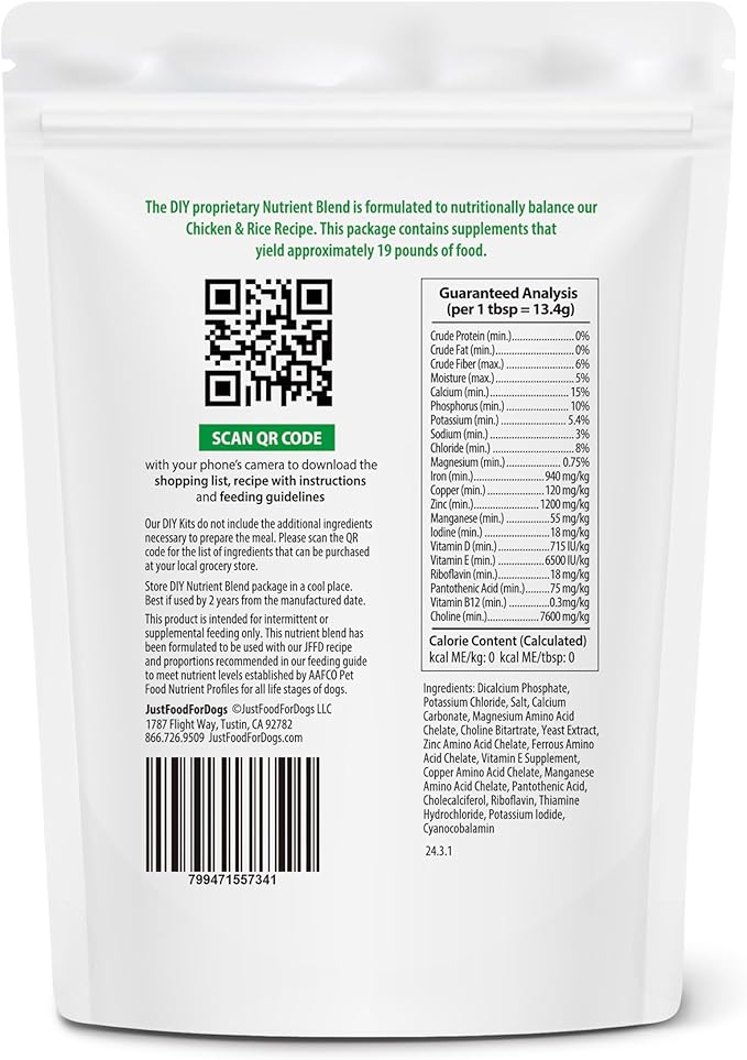 Just Food for Dogs Nutrient Blend, Vitamins and Supplements for Homemade Dog Food, Chicken and Rice, DIY Fresh Pet Meals and Toppers, Human Grade Quality, Dog Vitamins & Multivitamin Additive, 4.55oz