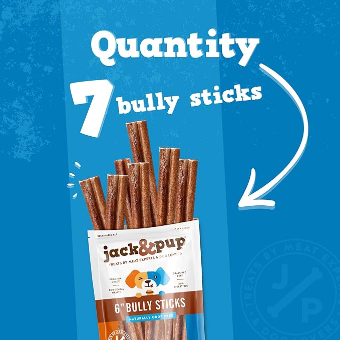 Jack&Pup 6 Inch Standard Bully Sticks for Dogs (7 Pack) Odor Free Bully Sticks for Large Dogs, All Natural Beef Pizzle Sticks