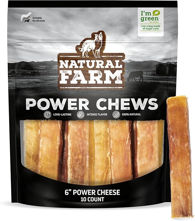 Natural Farm Power Cheese Dog Chews (6”, 10-Pack), 2-in-1 Power Chews: Cow’s Milk Cheese Wrapped in Delicious 100% Beef Pizzle, Double Chewing Time