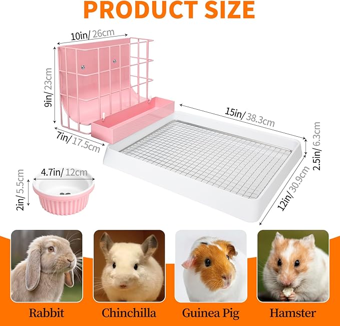 BESNEW 3 in 1 Rabbit Hay Feeder with Litter Box,Upgraded Metal Hay Rack & Litter Tray & Water Bowl,Quick Cleaning,Easy to Install,Bunny Supplies for Rabbit Guinea Pig Chinchilla Small Animals