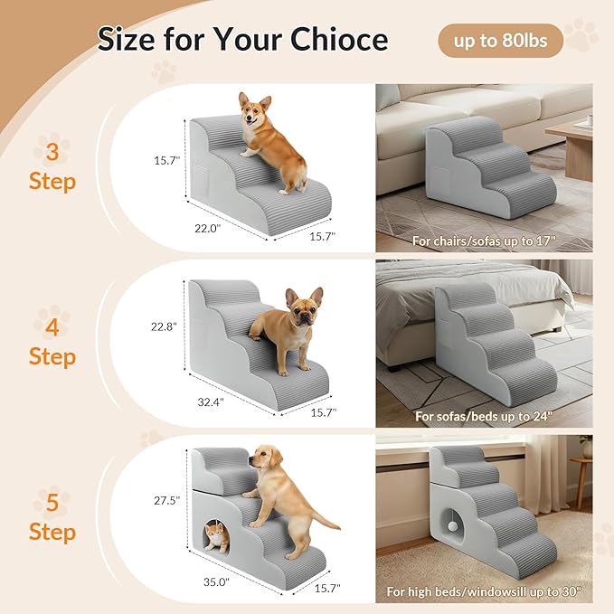 Dog Stairs for High Beds Up to 30" H with Tunnel,Extra Height 27.5" 5-Step Pet Steps for Small Dogs and Cats, Non-Slip Sturdy Dog Ramp with Anti-Tip Safety Strap and Removable Cover