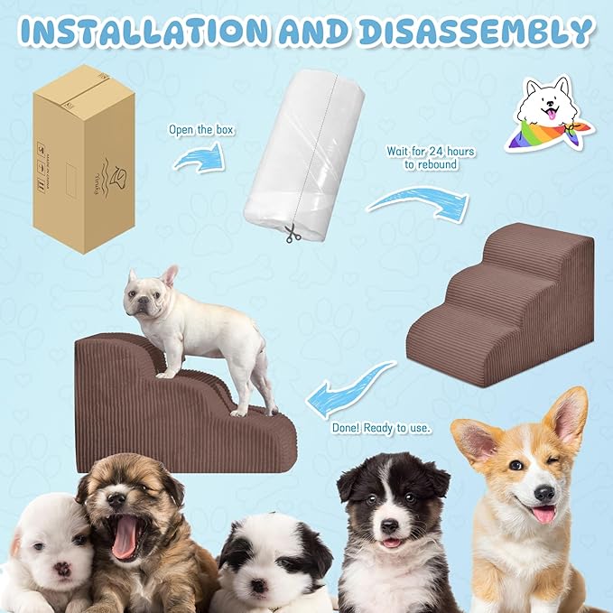 Mesa Lemon Dog Steps for Small Dogs, 3-Step Pet Ramp Stairs for High Beds and Sofa, Non-Slip Pet Stairs for Small Dogs and Cats, Removable and Easy to Clean Cover, Coffee