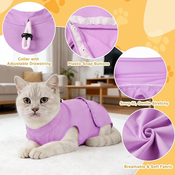 Gyuzh Cat Recovery Suit for Cats After Surgery - Breathable & Comzy Onesie with Adjustable Neck, Pull-On Design and Snap Closure, Cone Alternative for Spay Neuter, Anti-Licking Surgical Suit Purple L