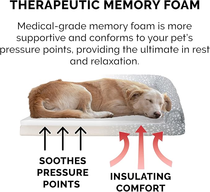 Furhaven Memory Foam Dog Bed for Large Dogs w/ Removable Bolsters & Washable Cover, For Dogs Up to 95 lbs - Plush & Almond Print L Shaped Chaise - Gray Almonds, Jumbo/XL