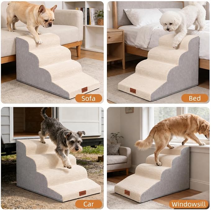Dog Stairs for Small Dogs and Cats, 22.6" H, 5-Step Curved Pet Ramp for High Bed, Non-Slip Medium Pet Steps with High Density Foam, Beige