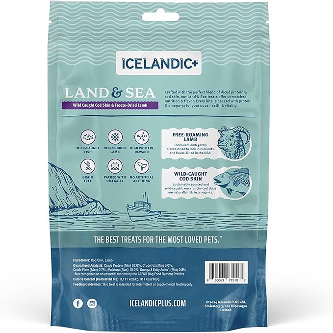 Icelandic+ Land & Sea Wild Caught Cod Skin & Freeze-Dried Lamb - 2.4oz Bag, Dog Treat & Food Topper, 2 Ingredients, No Preservatives, All Natural (Pack of 2)