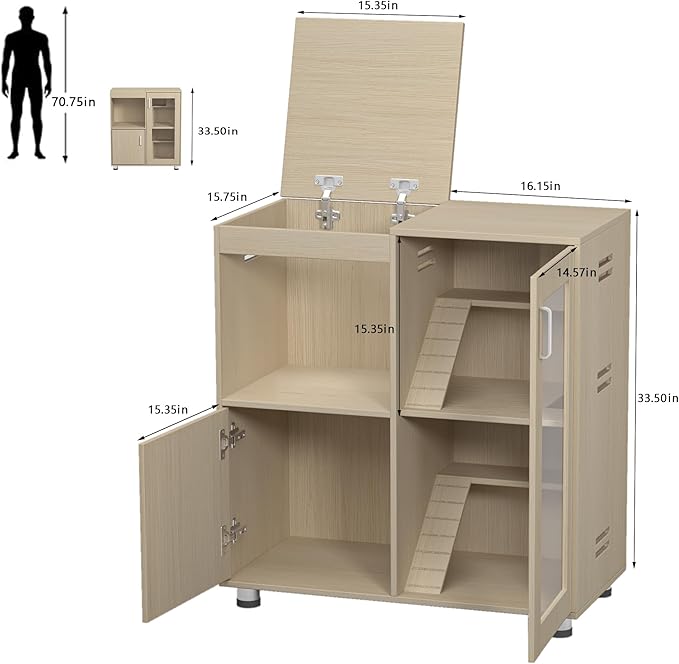 Hamster Cage Furniture with Storage Cabinet, House for Rat Chinchilla, 4-Tier Wood Habitat with Small Animal Cage for Rat, Hedgehog,Chinchilla with Openable Top (Teak)