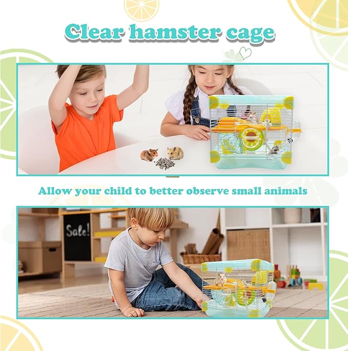 2 Layers Hamster Cage with Tubes Mouse Cage with Accessories Water Bottle Food Dish Transparent Hamster Habitat with Exercise Wheel for Hamster Guinea Pig Gerbil (10.9" x 8.1" x 9.8" Blue)